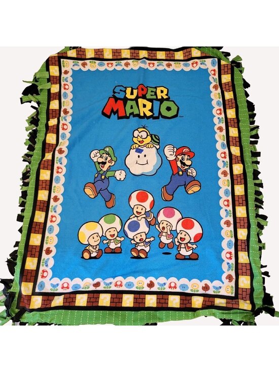 Nintendo Other - Super Mario Fleece Tie Blanket Luigi Toad Characters Bright Blue & Green Design